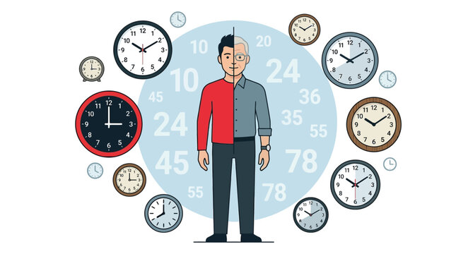 A creative vector illustration showing a man transitioning from young age to old age over time