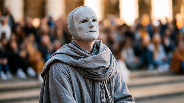 Mime artist watching crowd reaction and unconsciously matching expressions, mirror neuron empathy public performance, street entertainment candid, emotional contagion visual