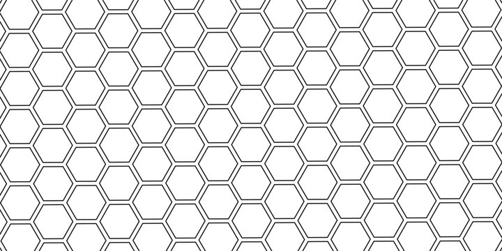 Seamless pattern with outline hexagon grid. Honeycomb net backdrop. Abstract background with geometric line grille. Black hexagon mesh, vector illustration