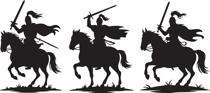 Set of silhouettes of a medieval knight riding a horse with a sword in his hand, warrior on horseback, cavalryman, historical character, vector illustration