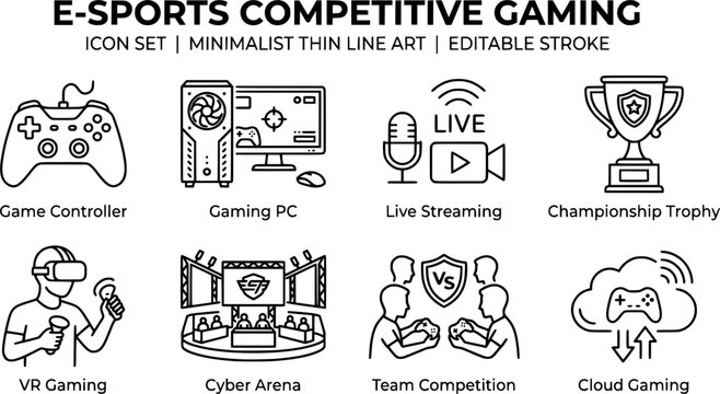E-Sports and Competitive Gaming Line Icons Set - Video Game Controller Live Streaming Tournament Championship and Cyber Sport UI Vector Template