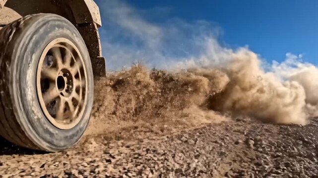 Rally car wheel spinning and kicking up dust on a rocky gravel road under a bright sun