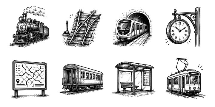 Rail transport sketch icon collection in black. Set of trains, stations and railway infrastructure icons in doodle style