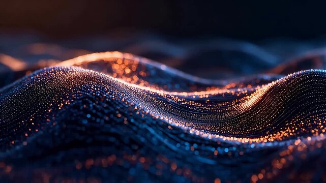 Abstract wave of glowing orange and blue light points in dark space