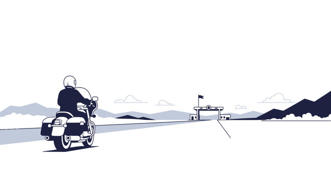 Motorcyclist approaching border crossing gate on open road, minimalist line art