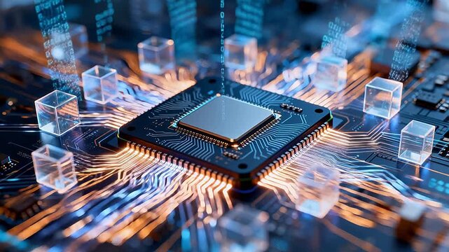 Electronic microchip on circuit board surrounded by transparent cubes and glowing code