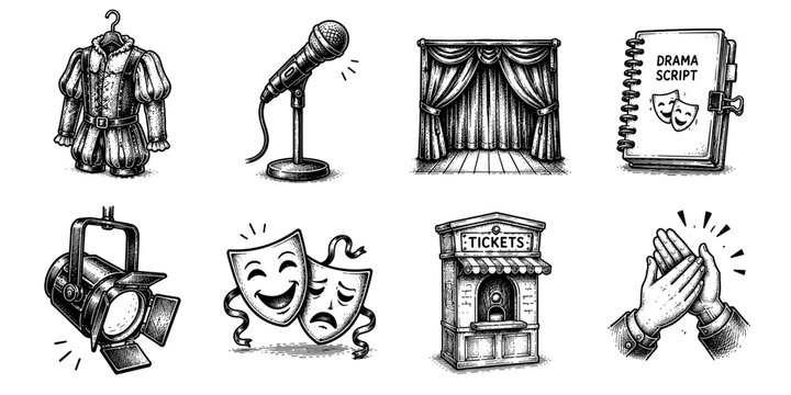 Theater performance sketch icon collection in black. Set of stage, acting, script and audience icons in doodle style