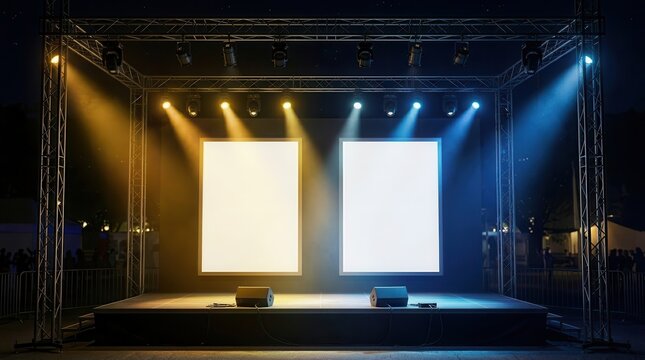 Empty Outdoor Stage with Dual Blank Posters and Professional Lighting Setup at Night