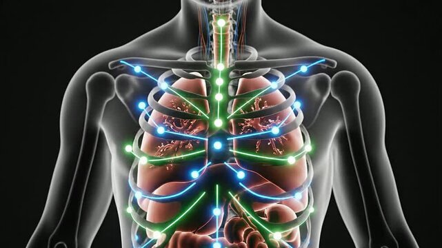 Detailed Anatomical Visualization of Human Rib Cage Highlighting Circulatory and Respiratory Systems with Glowing Pathways for Medical and Educational Use