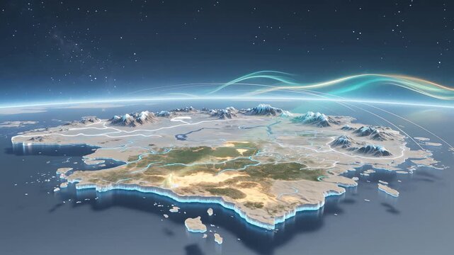 Locked frame cinematic GIS terrain atlas with holographic satellite scanning, animated geography layers and glowing fictional continent map