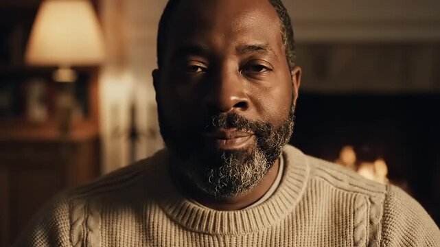 Thoughtful African American Man in a Cozy Living Room Setting.