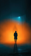Obraz premium Solitary figure walks away through a foggy urban alley bathed in dramatic orange glow and teal blue light, a noir silhouette evoking mystery, suspense and lonely contemplation