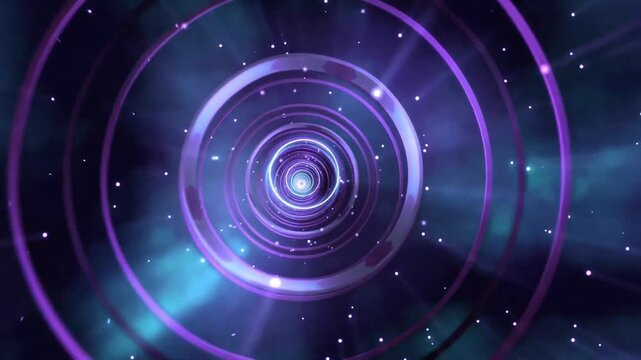 Futuristic purple neon circle tunnel animation with flying light particles and glowing cyan nebula rays