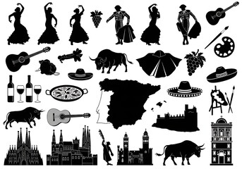 Fototapeta premium Set of black silhouettes representing traditional spanish culture and iconic landmarks