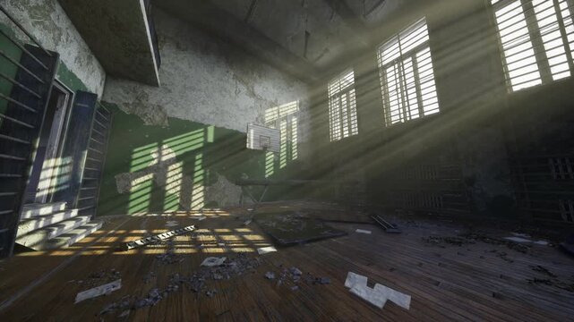 Sunbeams cutting through derelict locker room, rows of green lockers, peeling paint, scattered debris and dusty floor illuminated by dramatic light shafts,
