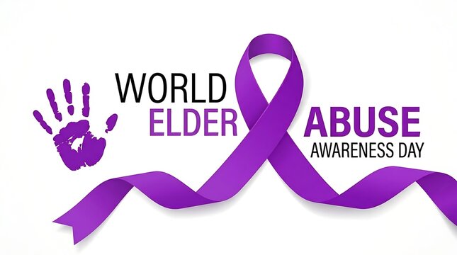 World elder abuse awareness day sign with purple ribbon and handprint
