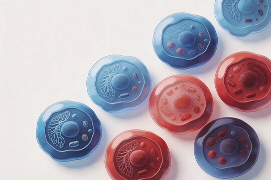 Cellular structures in blue and red