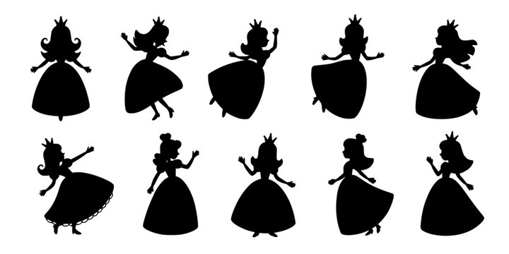 Princesses in Ball Gowns Dancing in Various Poses, Black Silhouettes Featuring Princess, Silhouette, Royal with Crown and Dress Elements for Poise
