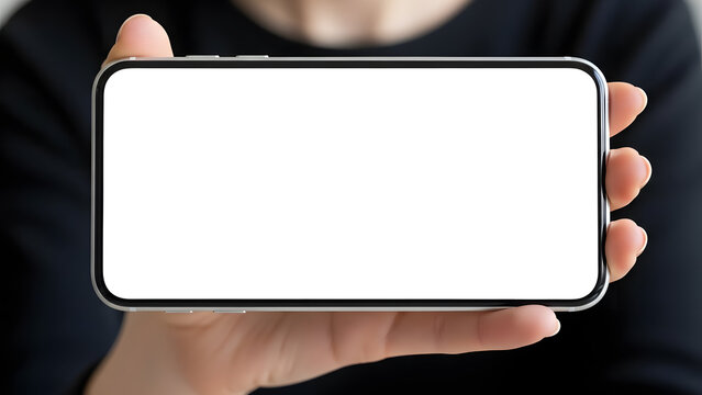 Elegant smartphone held in female hand in landscape orientation representing premium lifestyle, UI mockup and modern technology concept