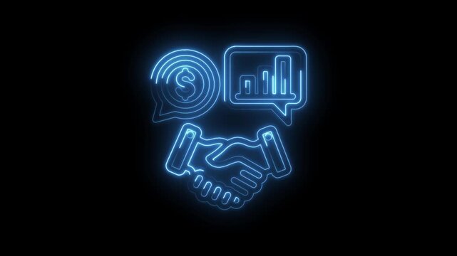 Neon handshake icon with dollar sign and bar chart in speech bubbles symbolizing business deal