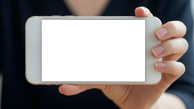 Landscape orientation smartphone mockup in hand representing horizontal mobile UI design, app showcase and digital advertising concept