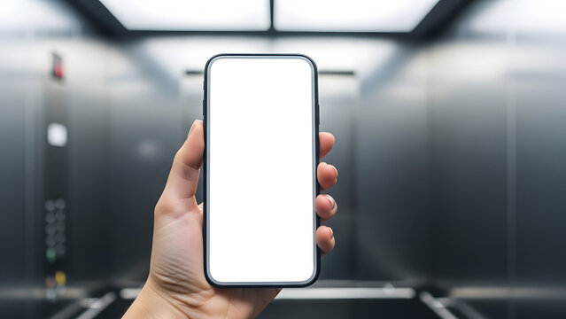 Realistic smartphone in hand inside elevator with modern business environment and copy space for advertising concept