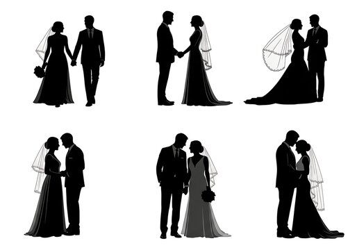 Set of black silhouettes of bride and groom couples in various wedding poses