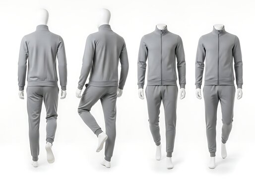 Mannequin wearing a gray tracksuit showing different poses and views for fashion design template