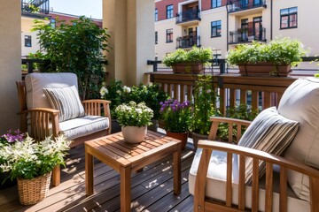Obraz premium Cozy apartment balcony decorating with plants and teak furniture