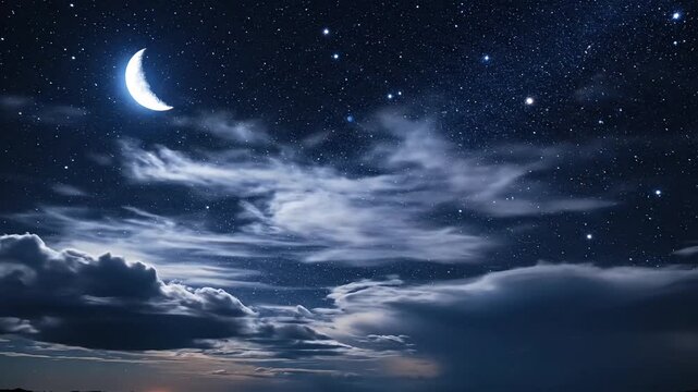 Serene crescent moon shines brightly in a starry night sky with dramatic clouds.