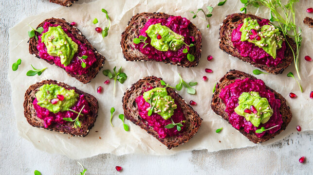 Vibrant canap&eacute;s with pomegranate bread, avocado, and beet sauce in gourmet style. Soft daylight highlights the jewel-tone palette and glossy textures