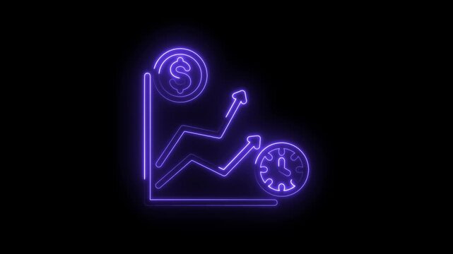 Neon glowing graph with upward trending arrows dollar coin and clock icon symbolizing financial