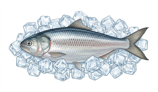 Fresh Hilsa fish with ice cubes vector illustration isolated on white background
