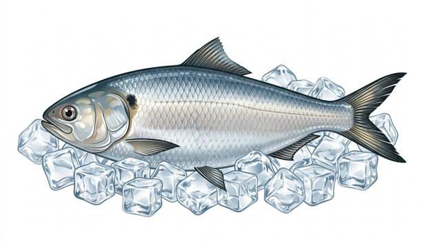 Fresh Hilsa fish with ice cubes vector illustration isolated on white background