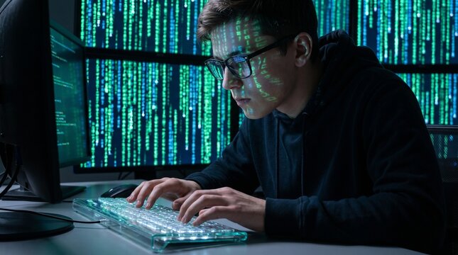 Advanced data programmer sitting in front of a computer screen analyzing matrix codes and neural network scripts for deep learning artificial intelligence application software development