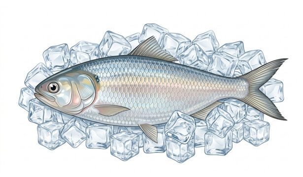 Fresh Hilsa fish with ice cubes vector illustration isolated on white background