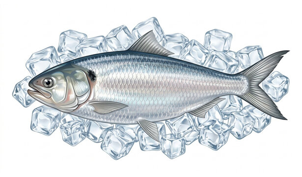 Fresh Hilsa fish with ice cubes vector illustration isolated on white background
