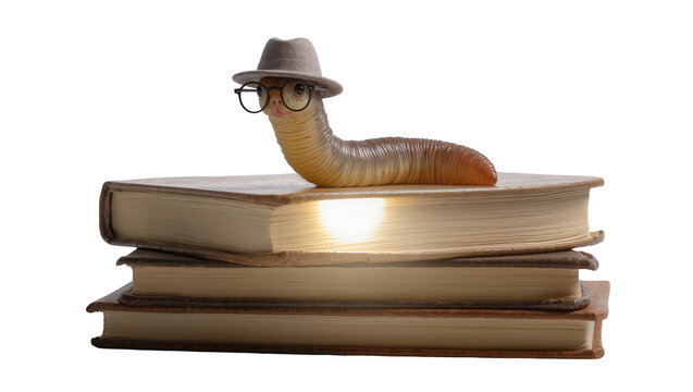Isolated intelligent bookworm character with hat and glasses sitting on a stack of old books