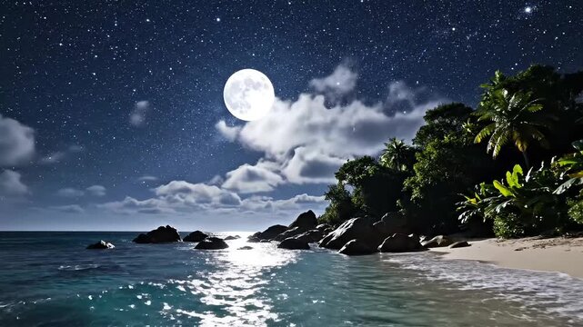 Serene tropical beach bathed in moonlight under a starry night sky.