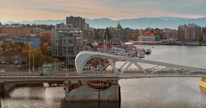 Aerial view of the waterfront and cityscape of Victoria with Johnson Bridge in British Columbia, Canada