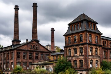 Fototapeta premium Abandoned brick factory with tall industrial chimneys against cloudy sky