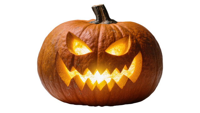 Isolated glowing Halloween pumpkin with scary face, carved jack-o'-lantern for spooky season.