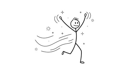 Obraz premium A stick figure cartoon character running fast with arms raised in excitement and joy, surrounded by speed lines and sparkles on a white background.