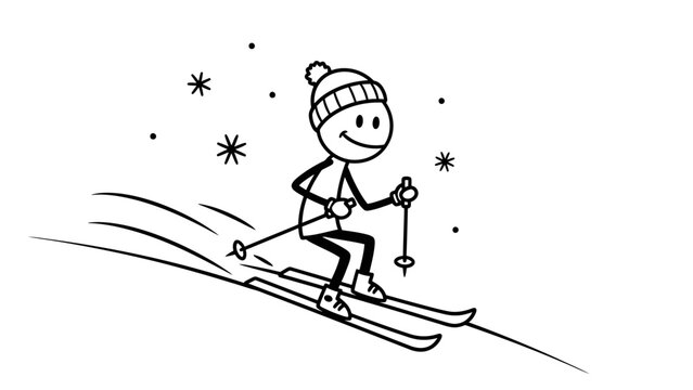 Black and white stick figure cartoon of a happy person skiing down a snowy hill with falling snowflakes.