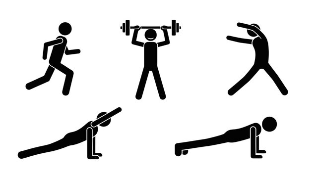 Black stick figures illustrating various fitness exercises including running, weightlifting, stretching, and plank poses on a white background.