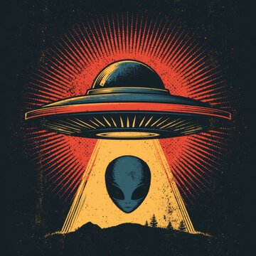Flying saucer abducting alien retro science fiction illustration
