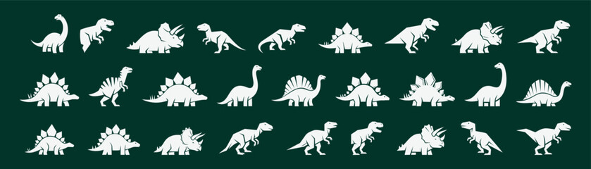 White dinosaur silhouette collection on dark green background, featuring varied prehistoric creatures in clean flat vector style for kids education, science posters, icons, stickers, and decor. © Infinity Focus
