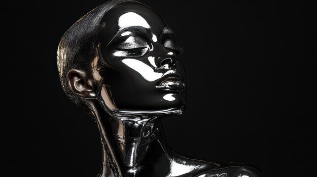 Futuristic cyber chrome woman portrait with mirror like metallic skin glowing highlights dramatic studio lighting expressing advanced digital beauty aesthetics luxury fashion concept sci-fi identity
