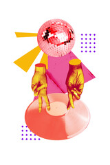 Composite trend artwork 3D sketch image photo collage of two hand stand two finger dance funny vinyl record huge listen music discoball © deagreez