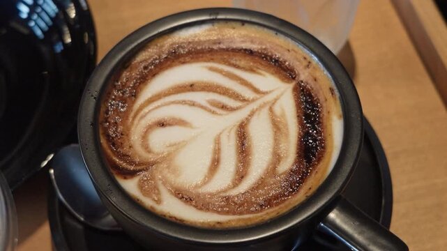 Top view of hot latte coffee with leaf latte art
Freshly brewed cappuccino in a black ceramic mug